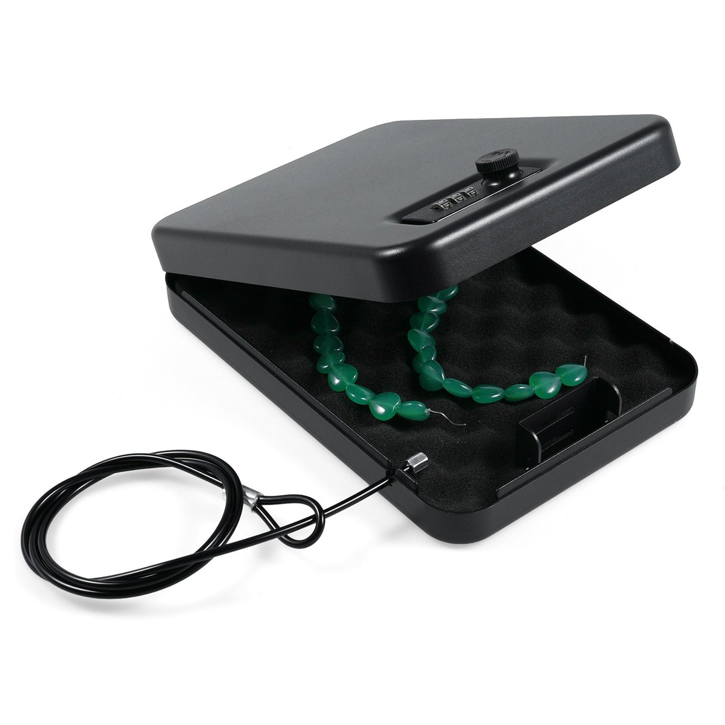 Portable Safe Box with 3-Digit Lock & 3Ft Steel Cable, Anti-Scratch Foam Interior for Valuables & Travel Storage