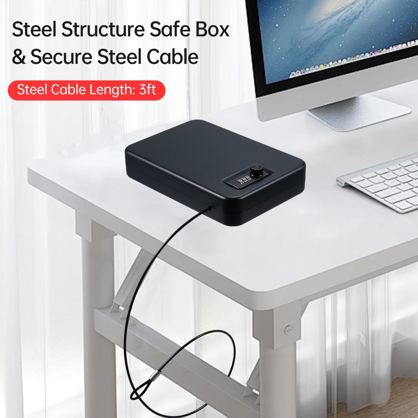 Portable Safe Box with 3-Digit Lock & 3Ft Steel Cable, Anti-Scratch Foam Interior for Valuables & Travel Storage