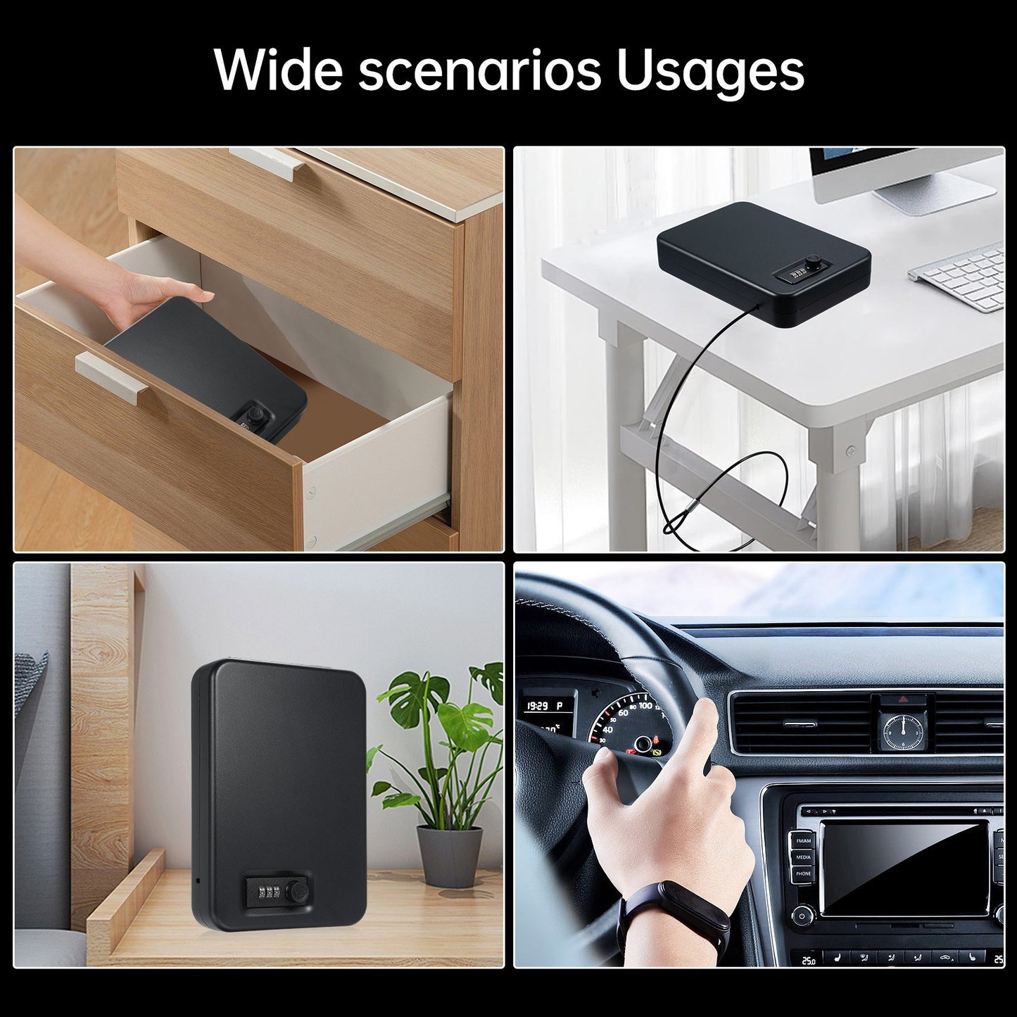 Portable Safe Box with 3-Digit Lock & 3Ft Steel Cable, Anti-Scratch Foam Interior for Valuables & Travel Storage