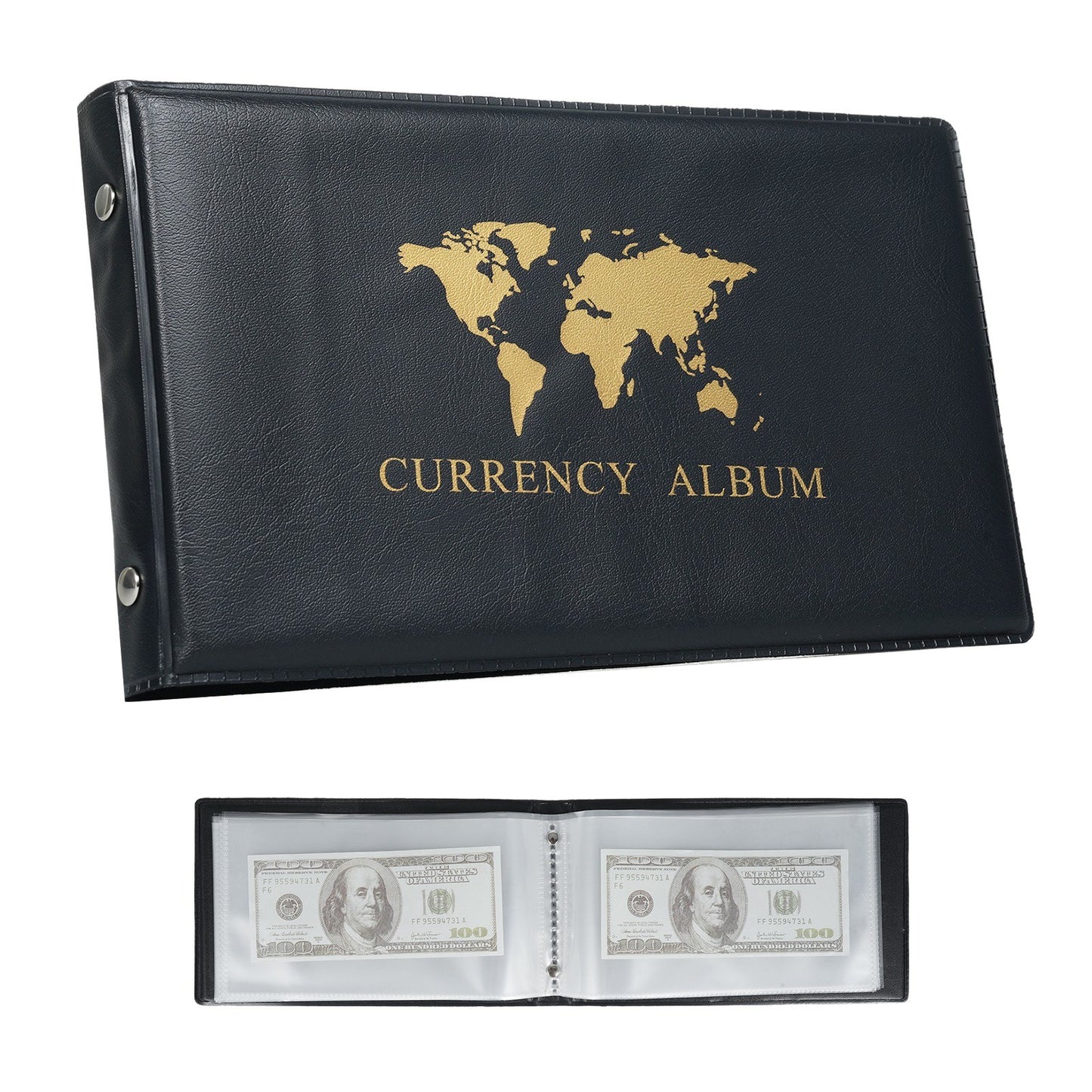 Currency Collecting Album with 40 Pockets - PU Leather Hard Cover Storage Book for Banknotes, Trading Cards, Stamps, Tickets - Double-Sided Pages