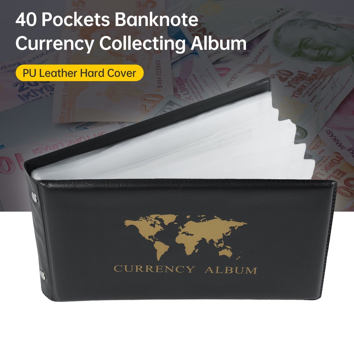 Currency Collecting Album with 40 Pockets - PU Leather Hard Cover Storage Book for Banknotes, Trading Cards, Stamps, Tickets - Double-Sided Pages
