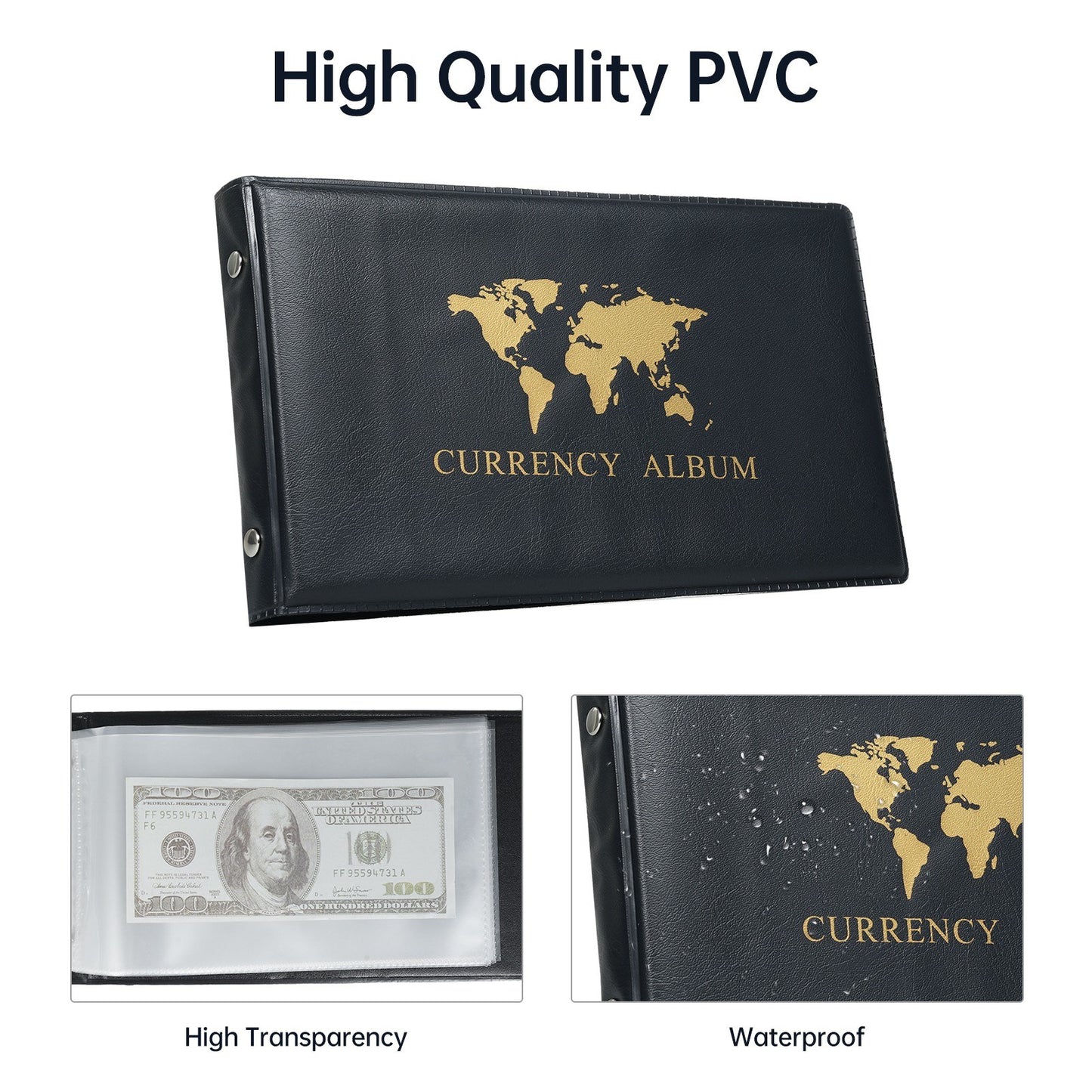 Currency Collecting Album with 40 Pockets - PU Leather Hard Cover Storage Book for Banknotes, Trading Cards, Stamps, Tickets - Double-Sided Pages