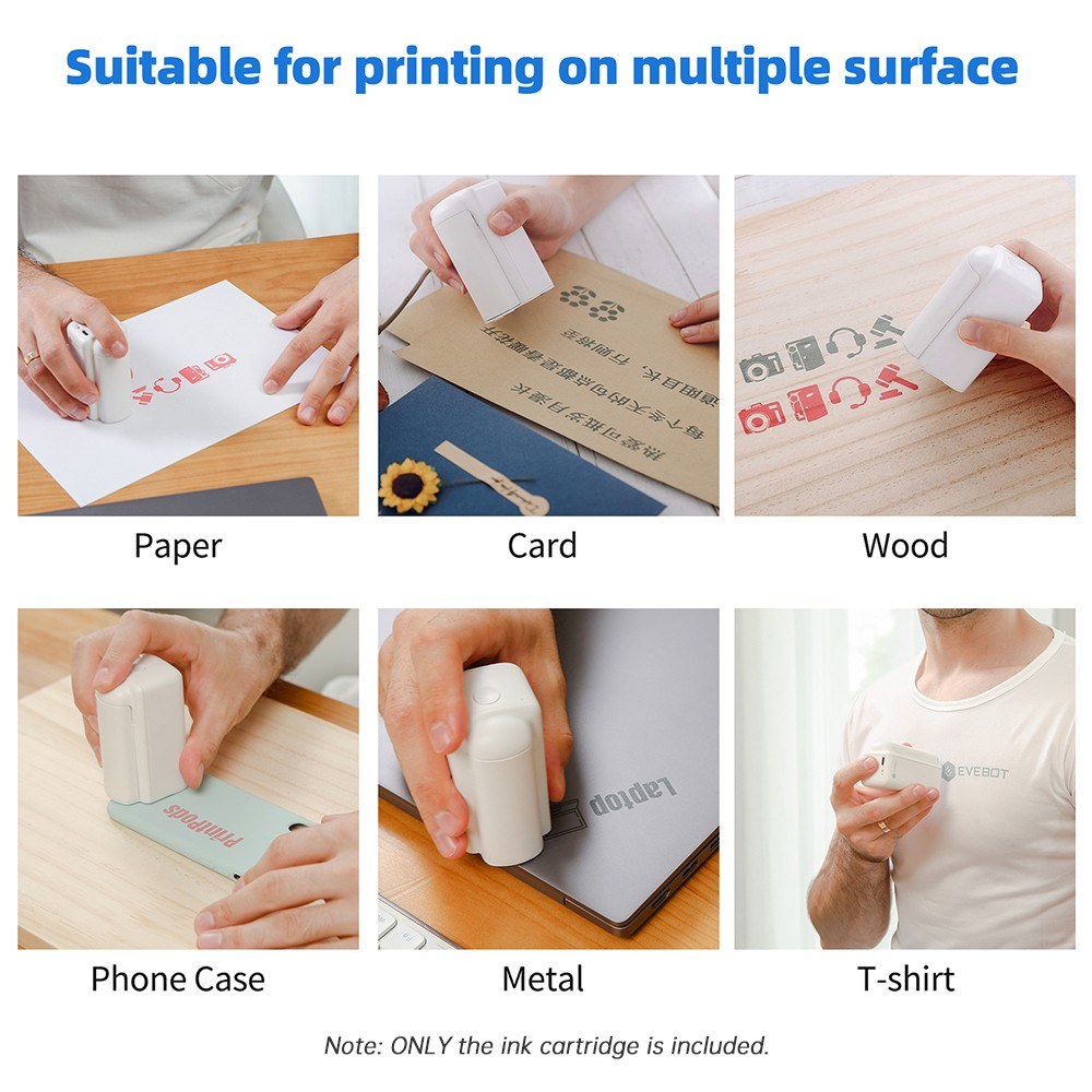 EVEBOT PrintPods Handheld Printer & Ink Cartridges - Portable Inkjet Printer for Multi-Surface & Skin-Friendly Printing