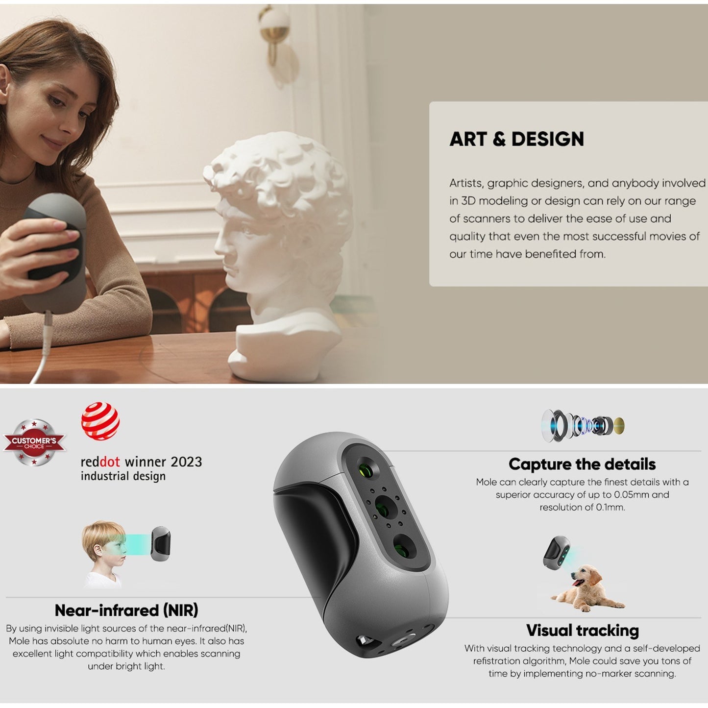 3DMakerpro Mole Handheld 3D Scanner - 0.05mm Precision, 0.1mm Resolution, 10FPS, Compatible with Windows & MacOS (Luxury Edition)