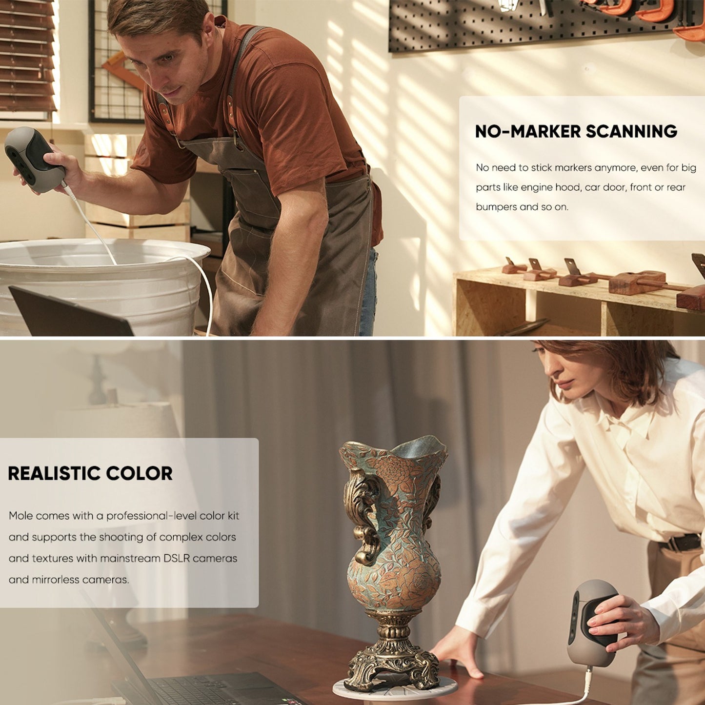 3DMakerpro Mole Handheld 3D Scanner - 0.05mm Precision, 0.1mm Resolution, 10FPS, Compatible with Windows & MacOS (Luxury Edition)