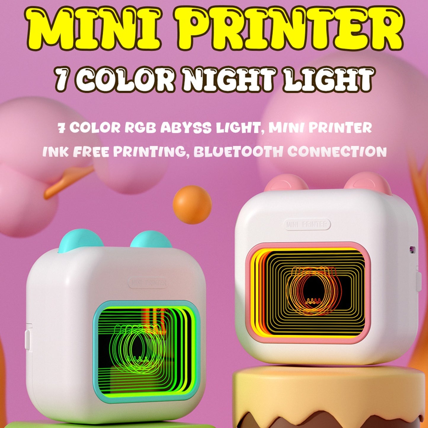 Portable Thermal Instant Photo Printer with 7-Color LED Light & Label Maker - Includes 1 Roll (57x25mm)