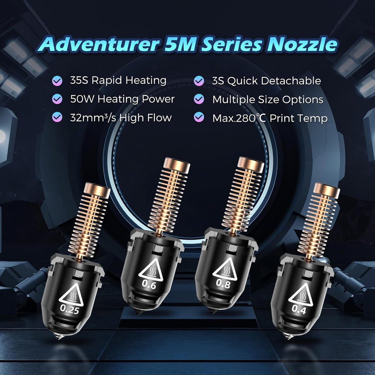 Hardened Nozzle for FLASHFORGE Adventurer 5M: Stable High-Speed Printing, 280℃, 32mm³/s Flow, Compatible with Adventurer 5M Hotend - Sizes 0.25mm, 0.4mm, 0.6mm, 0.8mm