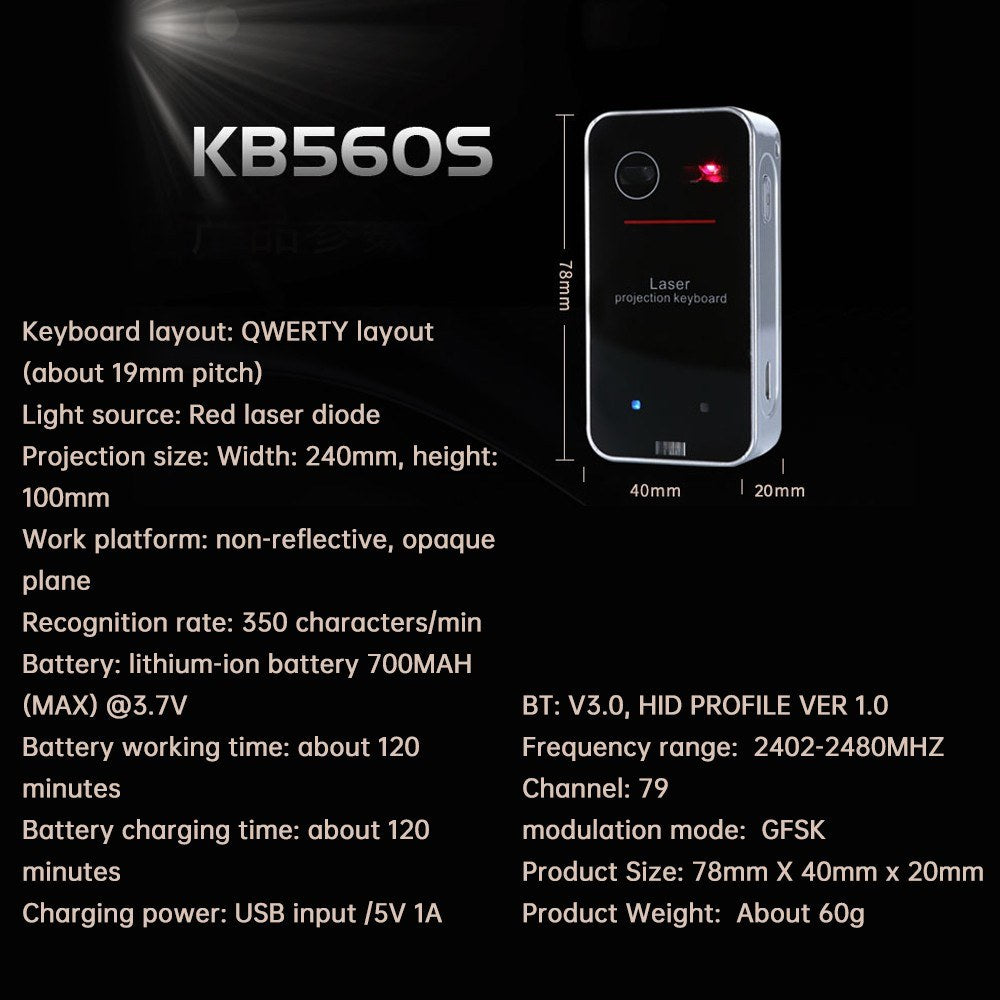 KB560S Portable Mini Laser Keyboard with Built-in Mouse Function and QWERTY Layout