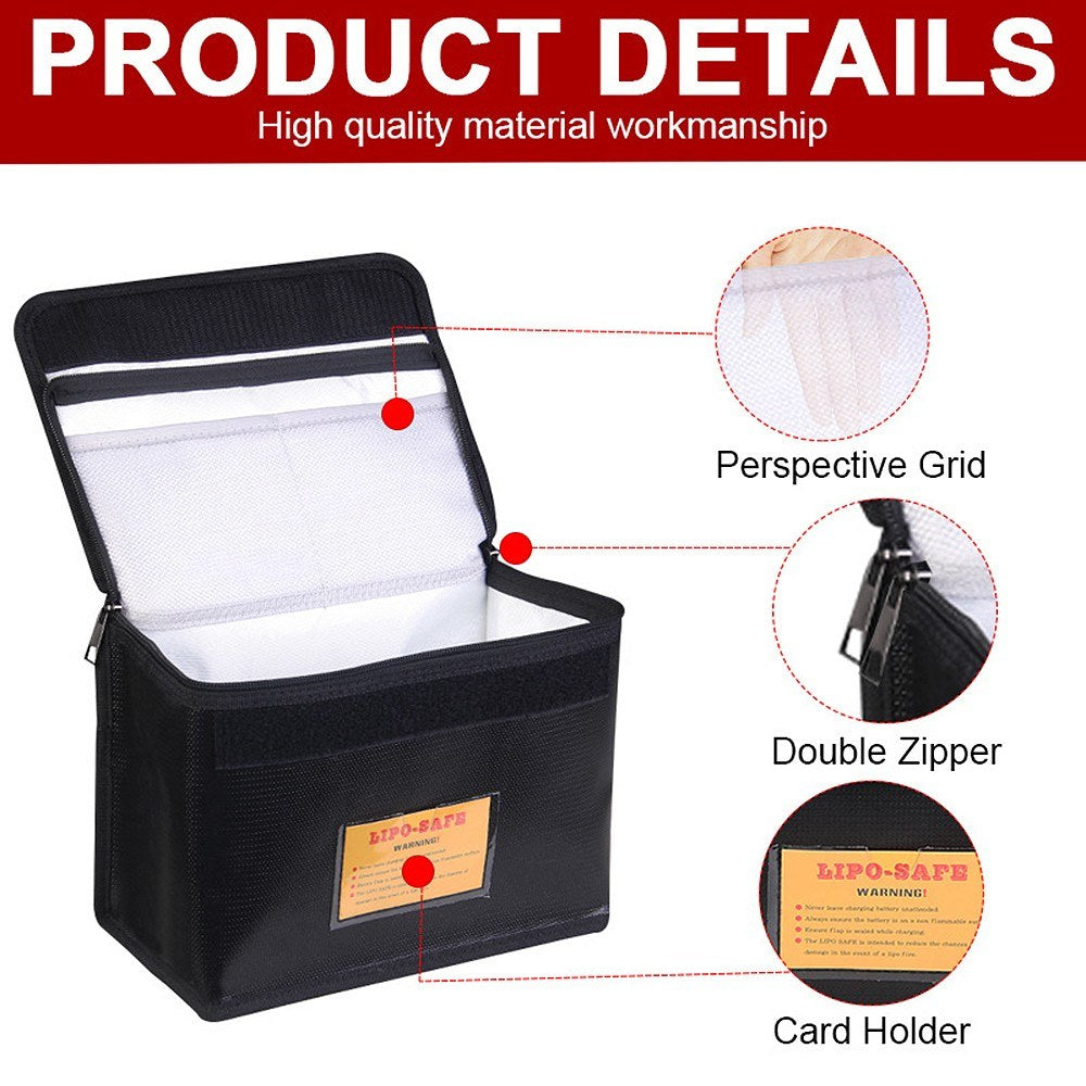 Fireproof Waterproof Lipo Battery Safe Bag with Invisible Charging Port & Mesh Pocket - 25.5x18x12cm