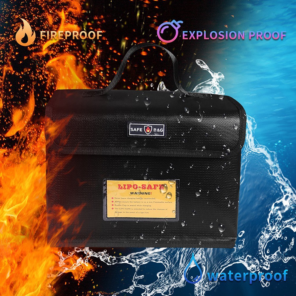 Fireproof Waterproof Lipo Battery Safe Bag with Invisible Charging Port & Mesh Pocket - 25.5x18x12cm
