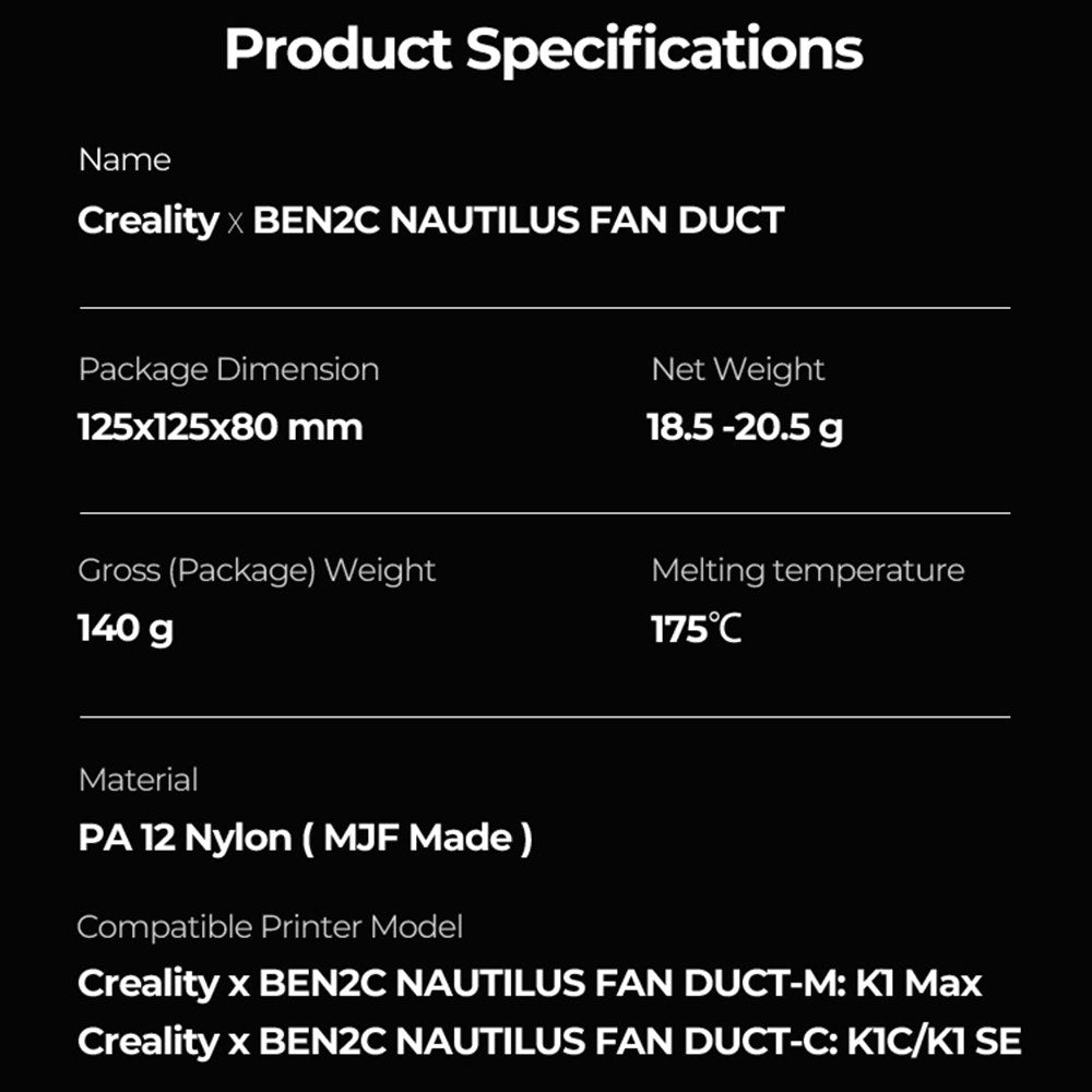 Creality x BEN2C NAUTILUS 360° Fan Duct for Enhanced Cooling, Print Quality & Durability – K1C/K1 SE 3D Printer Upgrade