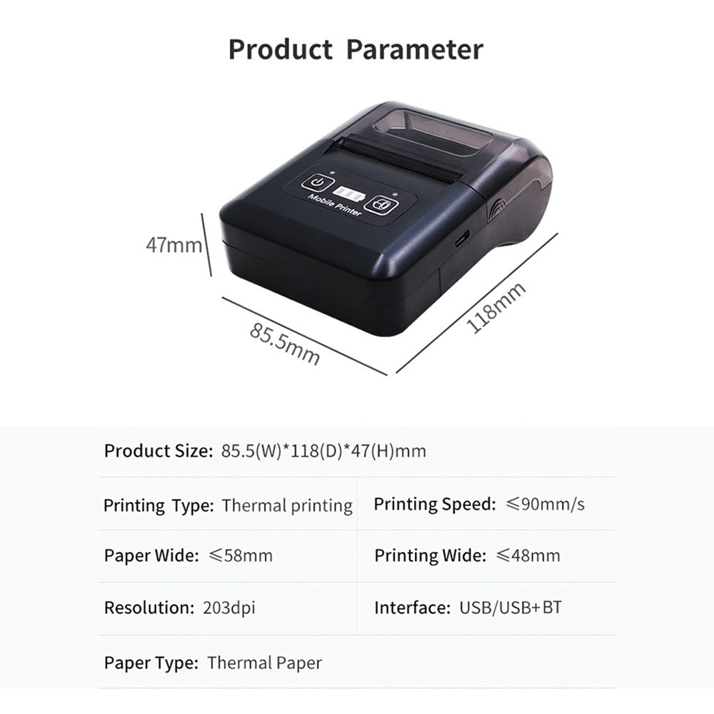 BISOFICE Portable Mini 58mm Wireless Thermal Printer, 2-inch BT+USB Receipt Printer with 57mm Paper for Restaurant, Sales, Retail, Small Business