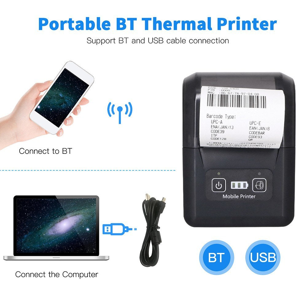 BISOFICE Portable Mini 58mm Wireless Thermal Printer, 2-inch BT+USB Receipt Printer with 57mm Paper for Restaurant, Sales, Retail, Small Business