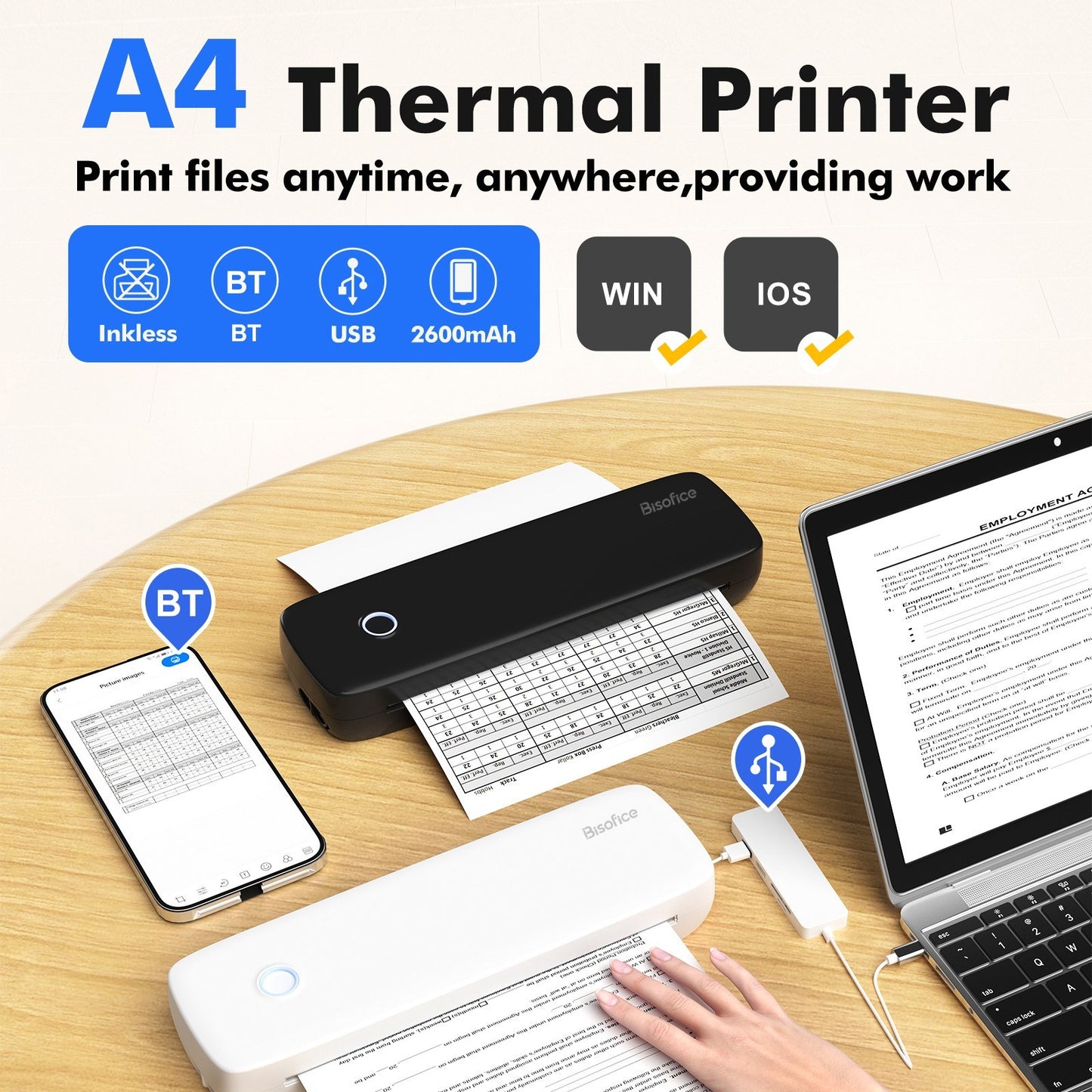 Bisofice A4 Inkless Thermal Printer with 1 Thermal Paper Roll for Documents & Photos