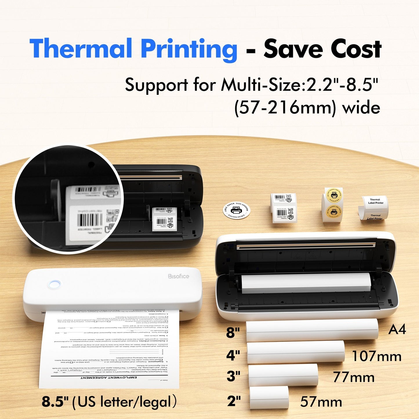 Bisofice A4 Inkless Thermal Printer with 1 Thermal Paper Roll for Documents & Photos