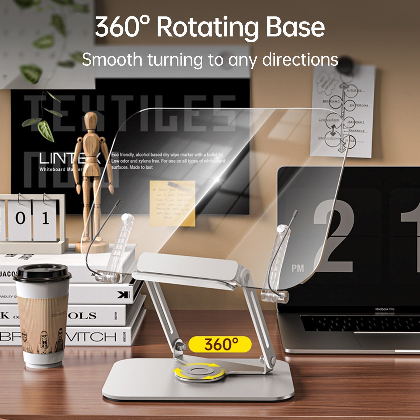 Bisofice 360° Rotating Desktop Book Stand with Transparent Acrylic Panel and Adjustable Angle