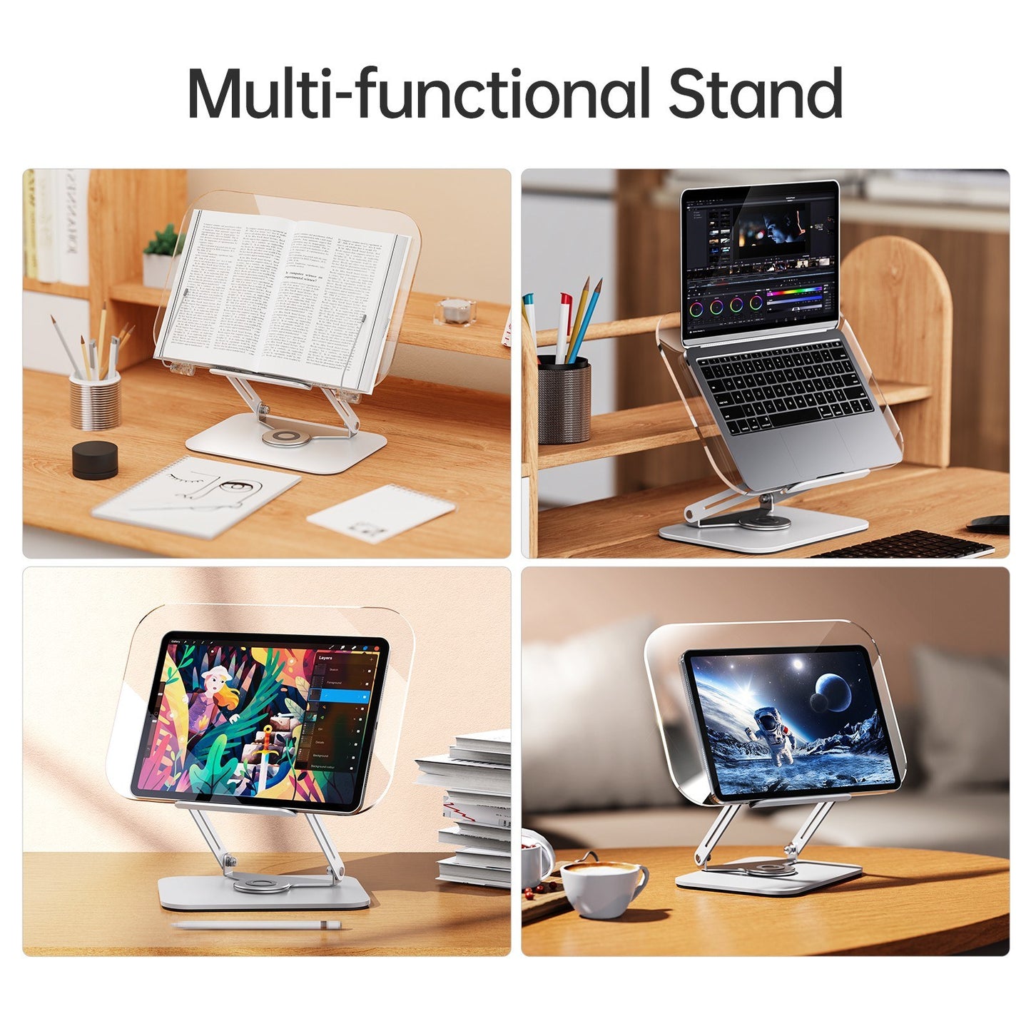 Bisofice 360° Rotating Desktop Book Stand with Transparent Acrylic Panel and Adjustable Angle