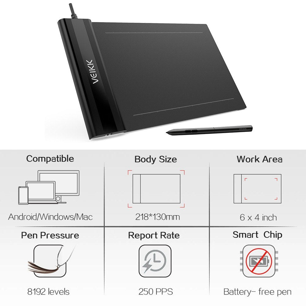 VEIKK S640 Battery-Free Pen Graphics Tablet