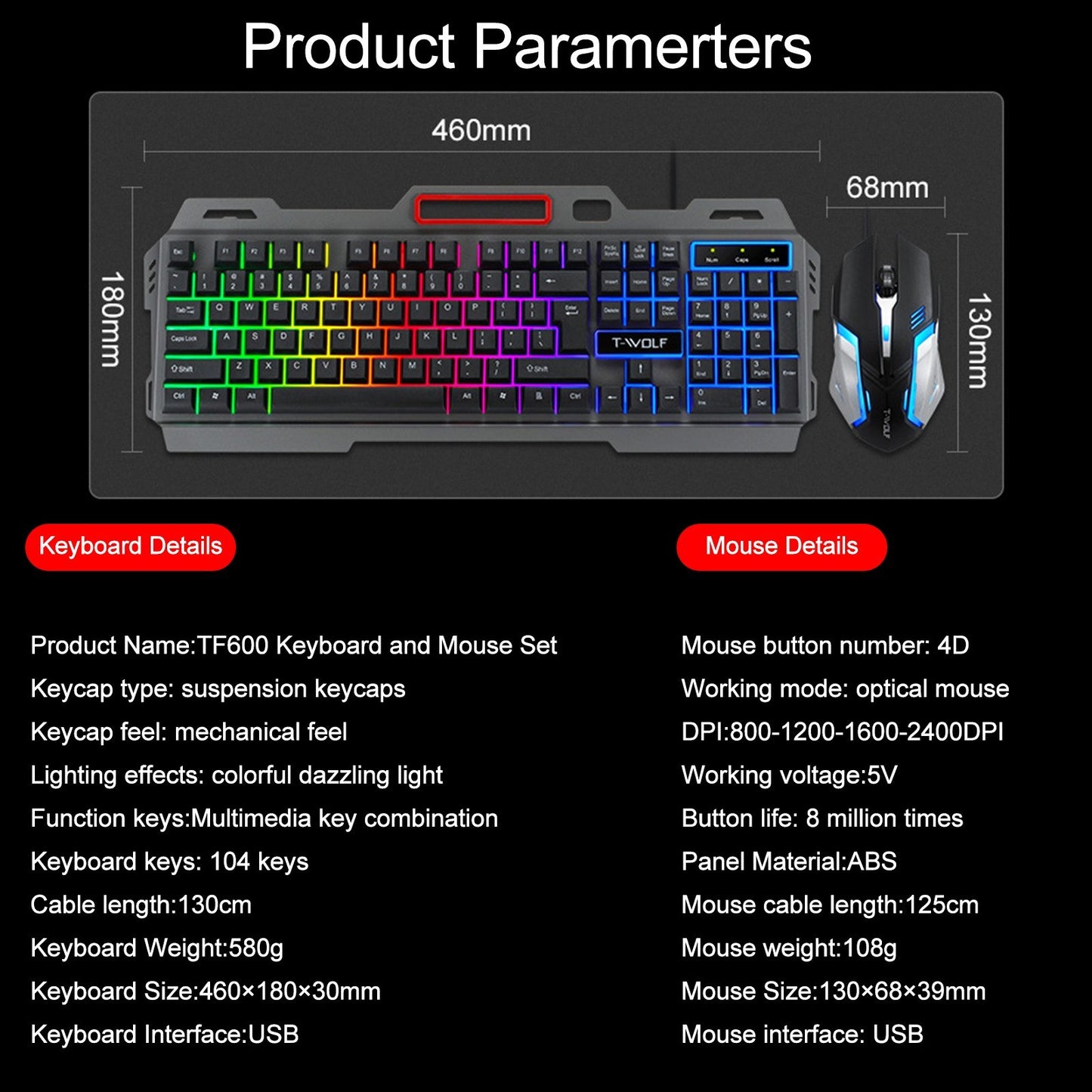 T-WOLF TF-600 Thunder Wolf Keyboard & Mouse Combo Set 2-in-1