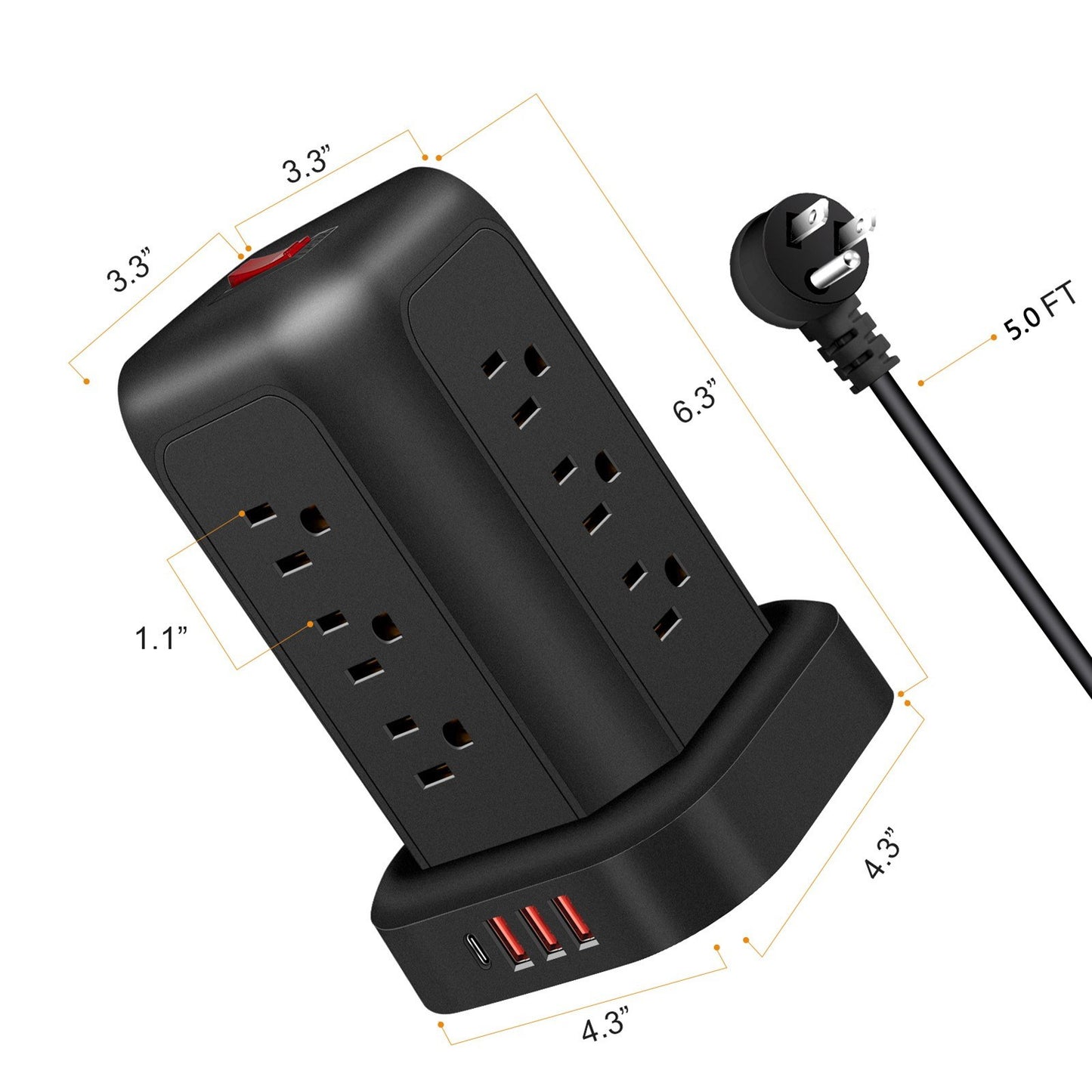 Power Strip Tower: 12 AC Outlets, 3 USB, 1 Type-C, Surge Protection & Space-Saving