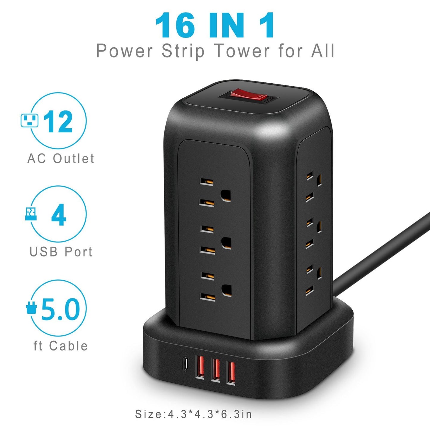 Power Strip Tower: 12 AC Outlets, 3 USB, 1 Type-C, Surge Protection & Space-Saving