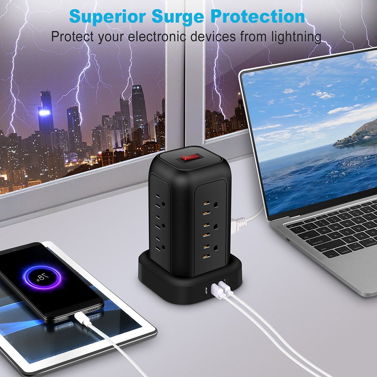 Power Strip Tower: 12 AC Outlets, 3 USB, 1 Type-C, Surge Protection & Space-Saving