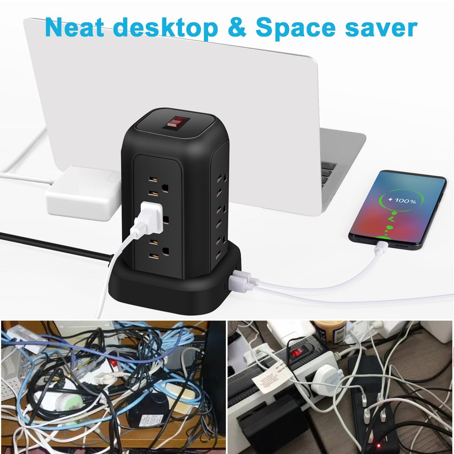 Power Strip Tower: 12 AC Outlets, 3 USB, 1 Type-C, Surge Protection & Space-Saving
