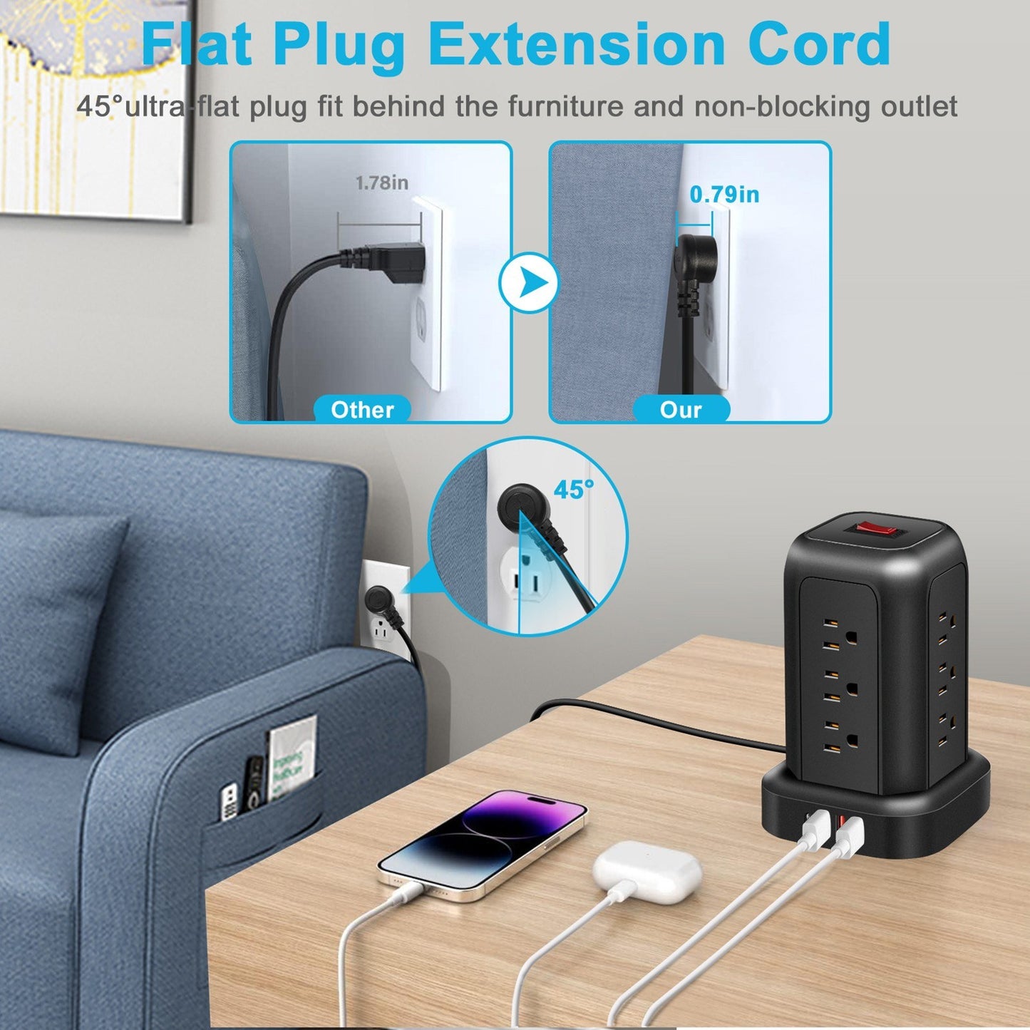Power Strip Tower: 12 AC Outlets, 3 USB, 1 Type-C, Surge Protection & Space-Saving