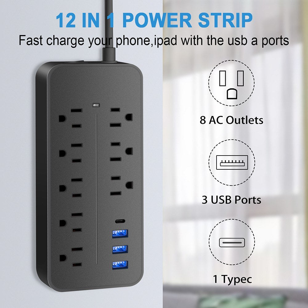 EL-08 Surge Protector Power Strip, 8 Outlets & 4 USB Ports, 1700J, 2000W/10A, ETL Certified, Fireproof, Overload Protection for Home, Office, Garage