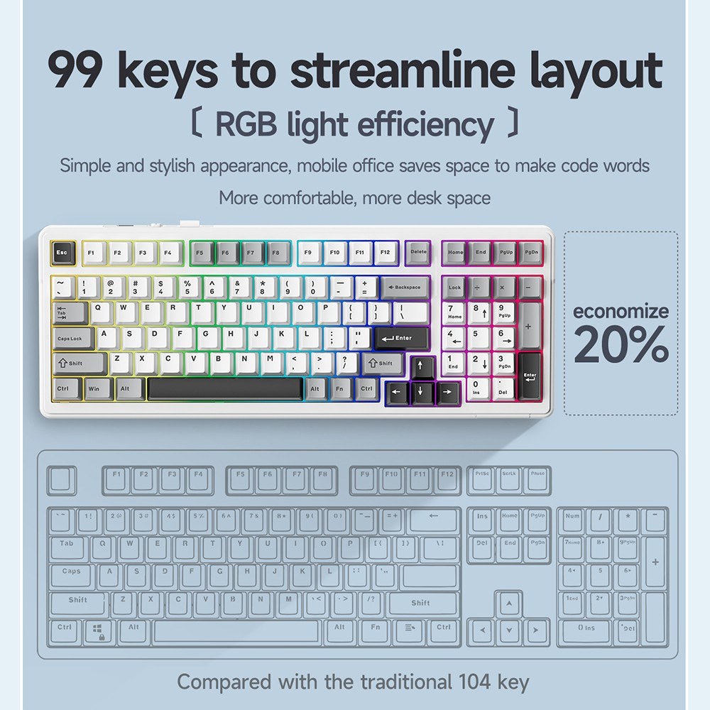 AULA F99 Wireless Mechanical Keyboard - Gasket Mount, Tri-Mode, 99-Key, Low-Delay Gaming with Light Effects