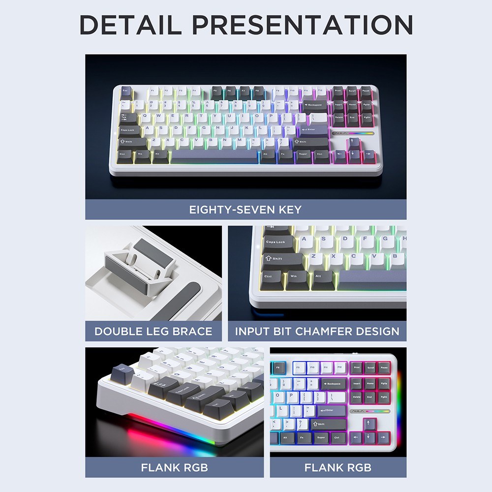 AULA F87 Wireless Mechanical Keyboard - Gasket Structure, Tri-Mode Connectivity, 87-Key Low-Delay Gaming with Light Effects