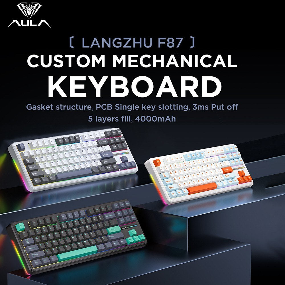 AULA F87 Wireless Mechanical Keyboard - Gasket Structure, Tri-Mode Connectivity, 87-Key Low-Delay Gaming with Light Effects