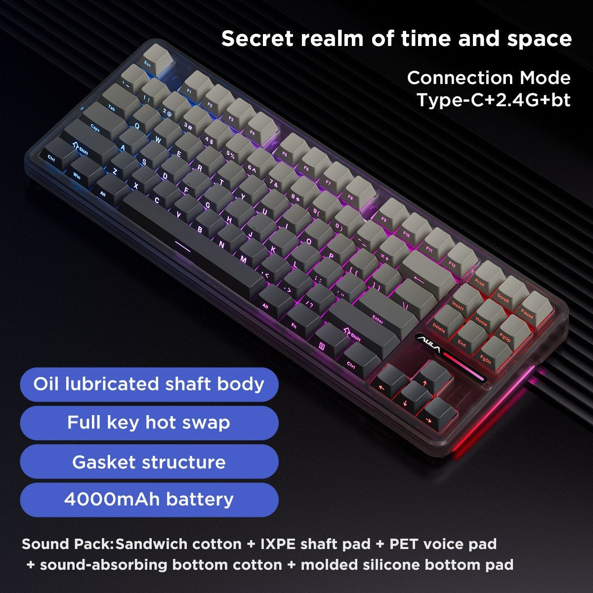 AULA F87 Wireless Mechanical Keyboard - Gasket Structure, Tri-Mode Connectivity, 87-Key Low-Delay Gaming with Light Effects