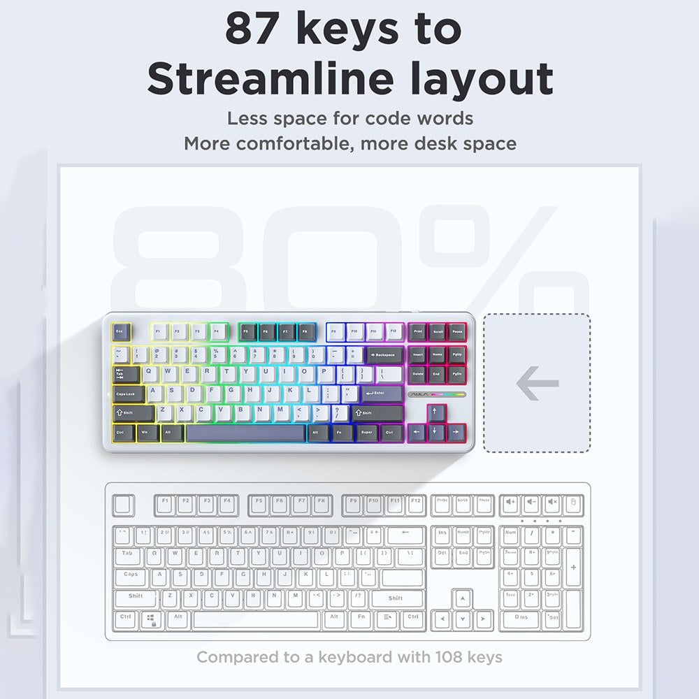 AULA F87 Wireless Mechanical Keyboard - Gasket Structure, Tri-Mode Connectivity, 87-Key Low-Delay Gaming with Light Effects