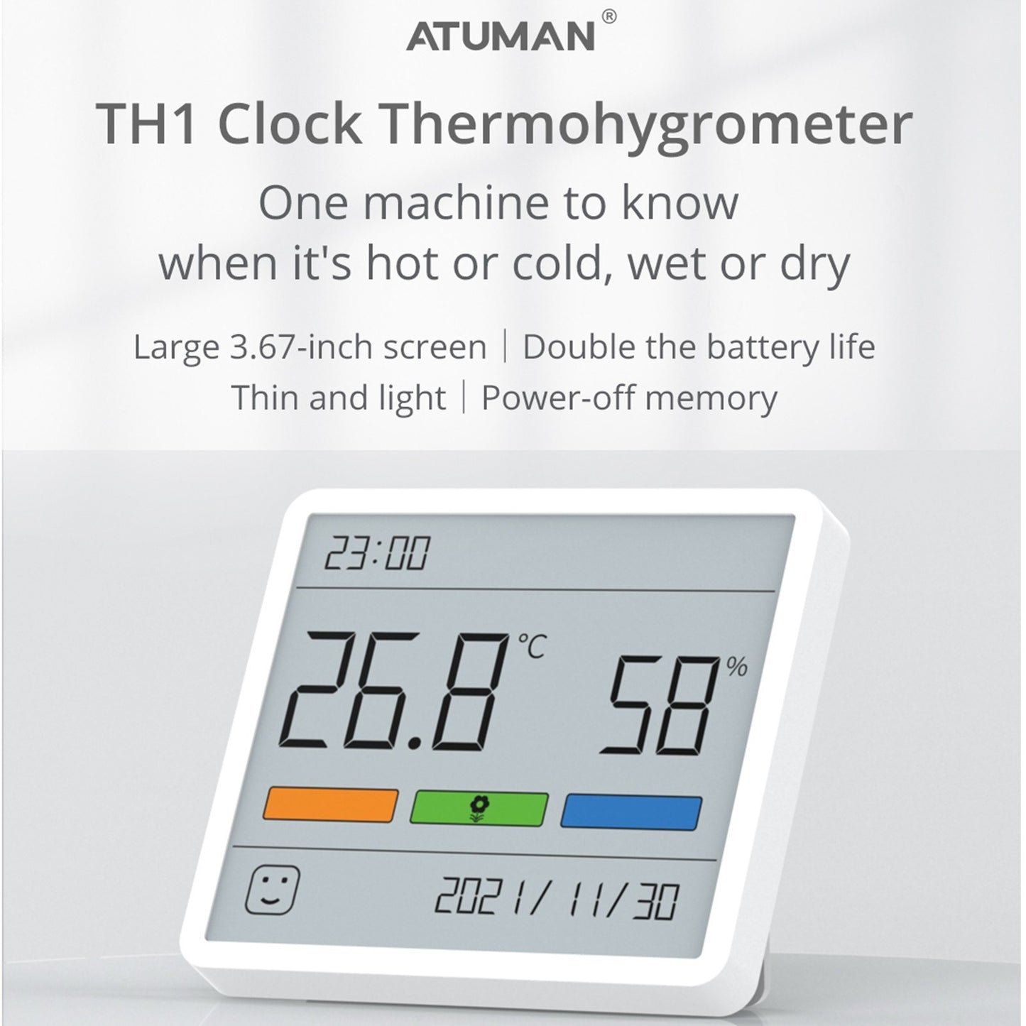 ATuMan TH1 LCD Indoor Hygrometer: Temperature Humidity Monitor with Clock