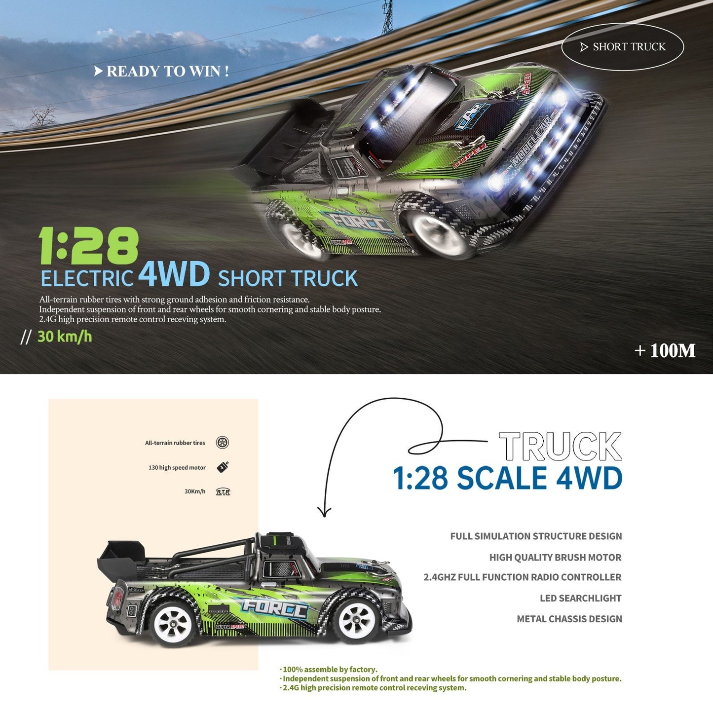 WLtoys 284131 1/28 RC Short Truck: 2.4GHz 30km/h High-Speed RTR Metal Chassis
