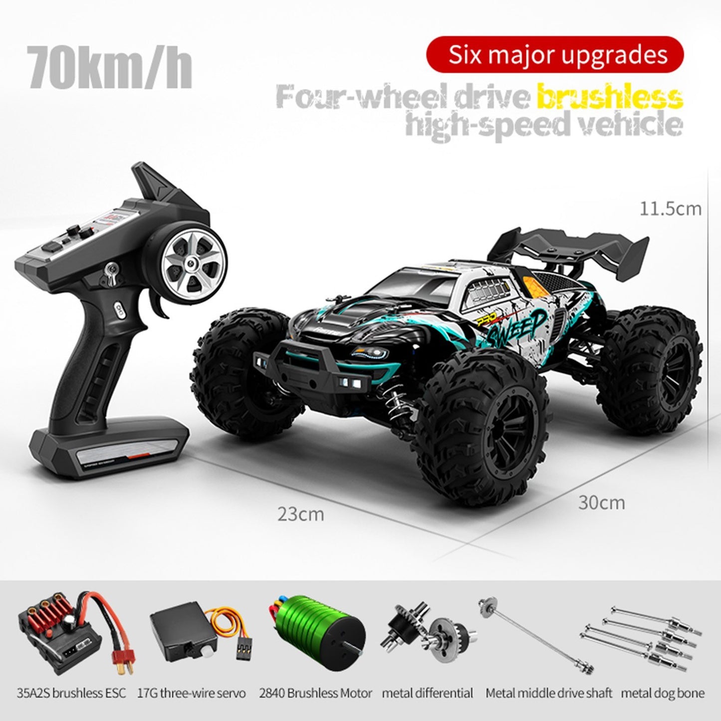 2.4GHz 70KM/H 1/16 Scale High-Speed 4WD Off-Road RC Truck with Brushless Motor & LED Lights
