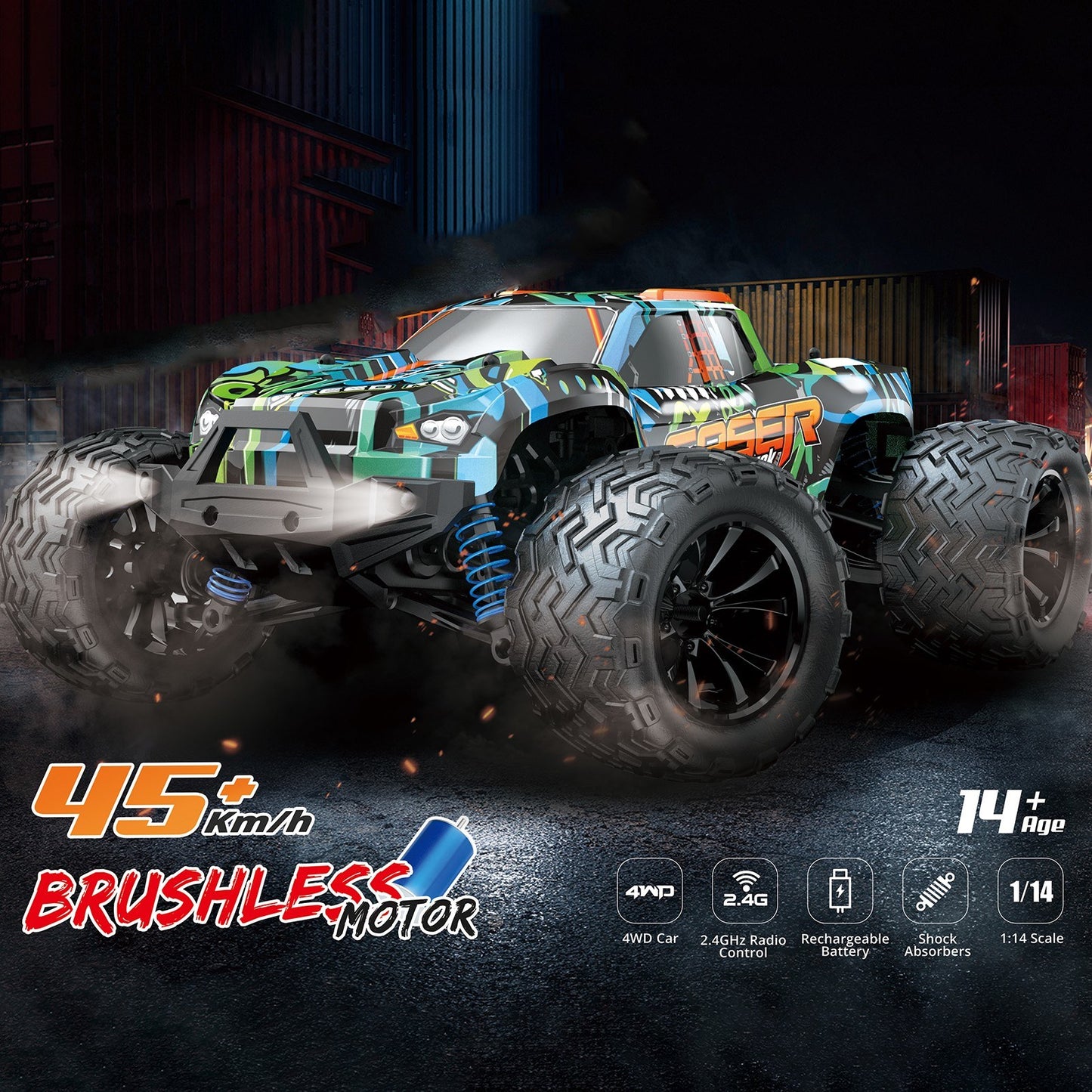 1/14 4WD Brushless Motor RC Climbing Truck, 2.4GHz, 45km/h Off-Road Car