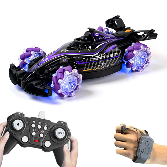 Purple D864 Remote Control Stunt Car - 360° Rotating Off-road Vehicle with Spray Drift, Lights & Sound, Rechargeable Battery Included