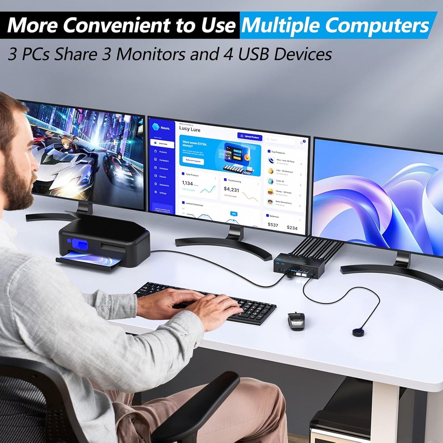 8K@60Hz HDMI-Compatible Triple Monitor KVM Switch, USB 3.0, 3 In 3 Out for Keyboard, Mouse, U-Disk, Printer, Compatible with Linux, Windows, Chrome OS, Mac OS