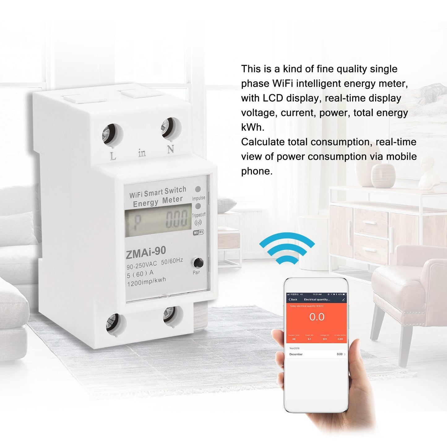 WiFi Smart Single-Phase DIN Rail Energy Meter, Tuya/Smartlife App Controlled KWh Wattmeter