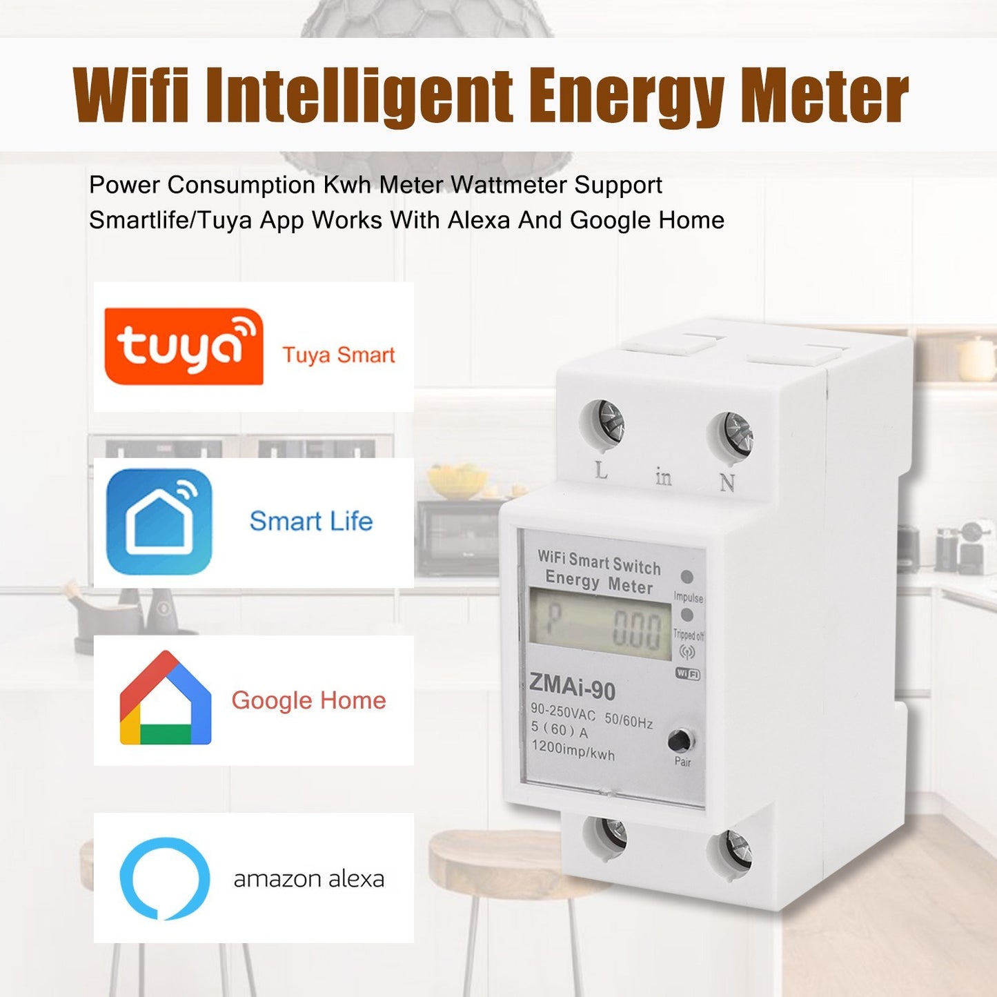 WiFi Smart Single-Phase DIN Rail Energy Meter, Tuya/Smartlife App Controlled KWh Wattmeter
