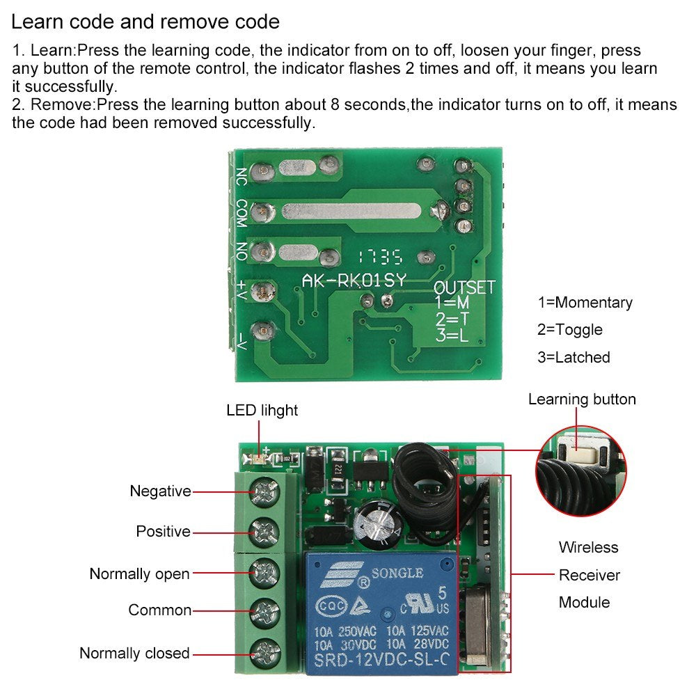 433MHz Smart Home DC 12V Wireless Remote Switch, 1CH