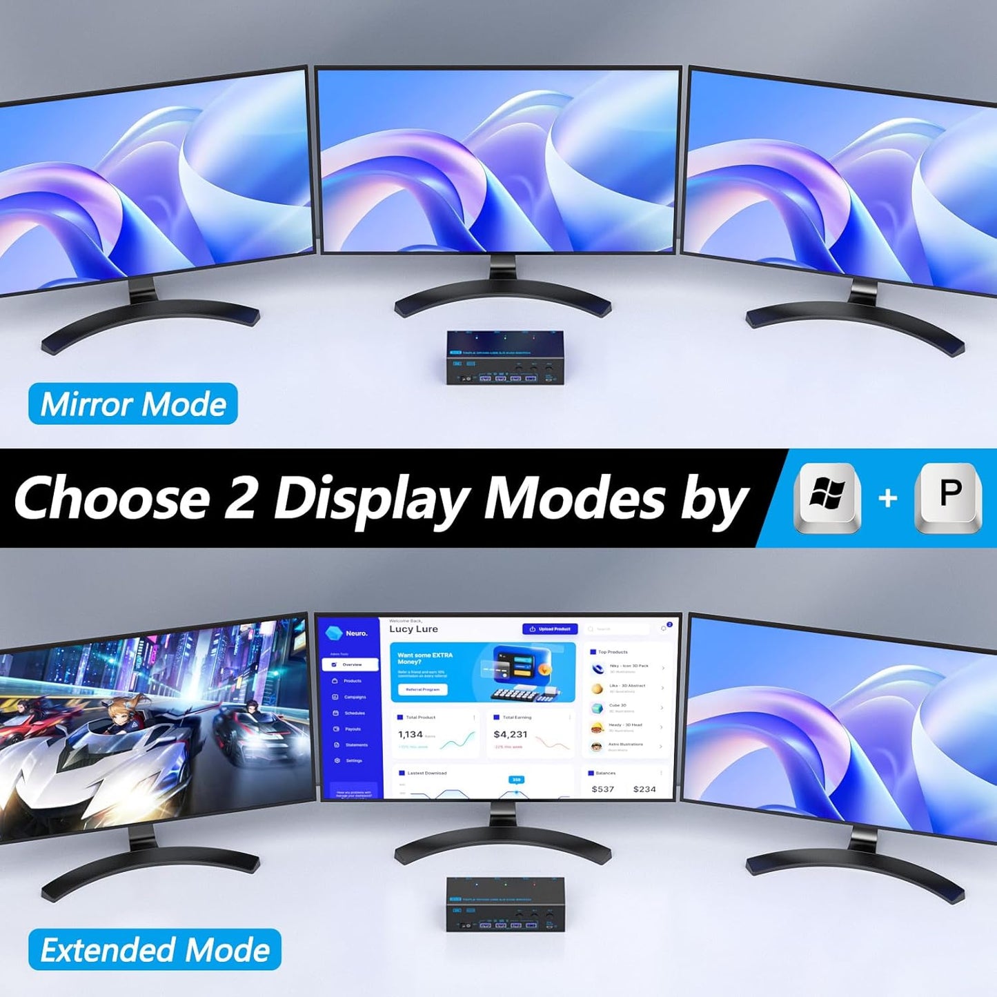 8K@60Hz HDMI-Compatible Triple Monitor KVM Switch, USB 3.0, 3 In 3 Out for Keyboard, Mouse, U-Disk, Printer, Compatible with Linux, Windows, Chrome OS, Mac OS