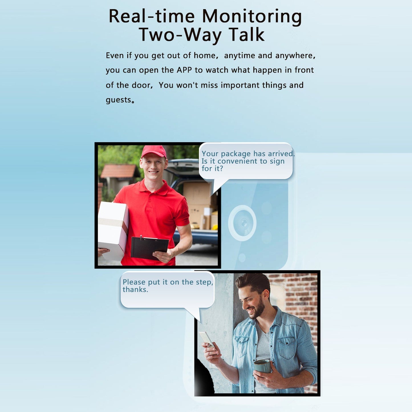 Wi-Fi Smart Video Doorbell with HD Camera, PIR Motion Detection, IR Alarm, and Intercom for Home Security