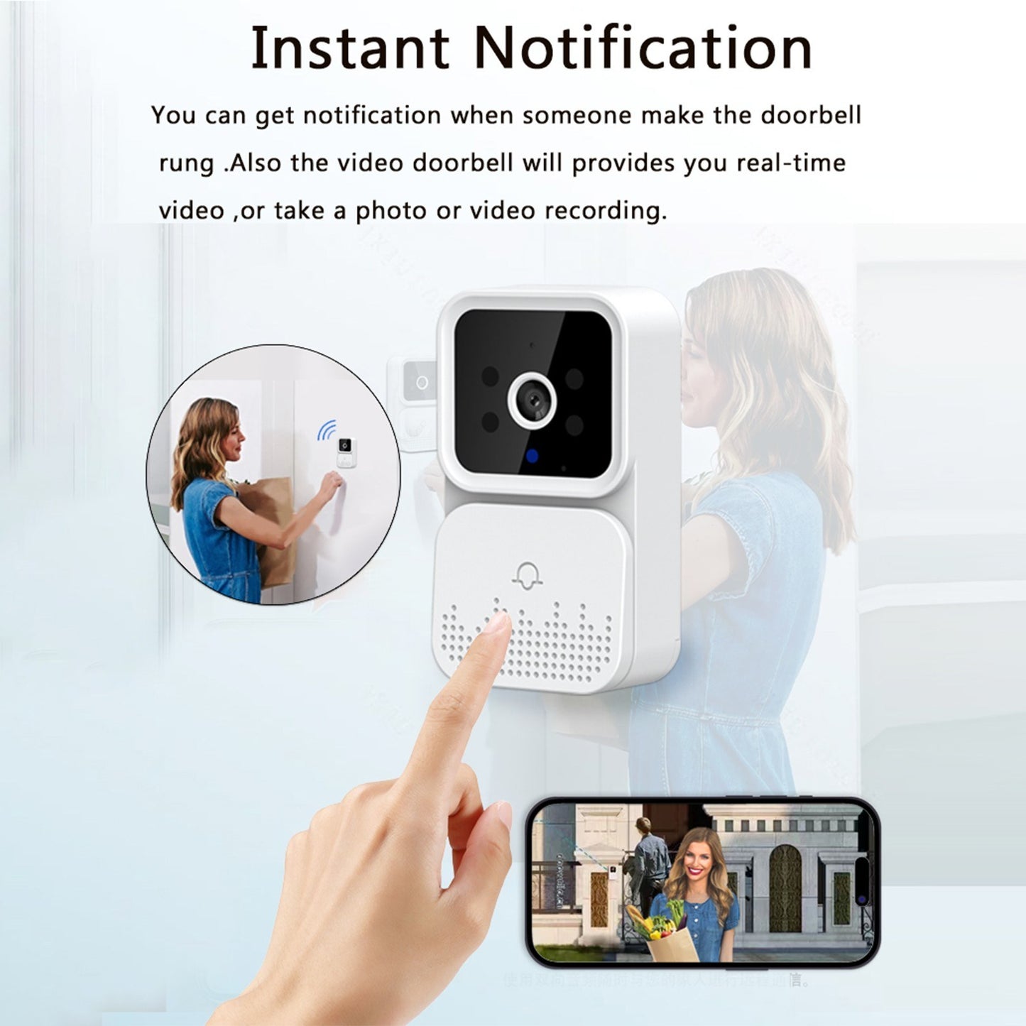 Wi-Fi Smart Video Doorbell with HD Camera, PIR Motion Detection, IR Alarm, and Intercom for Home Security