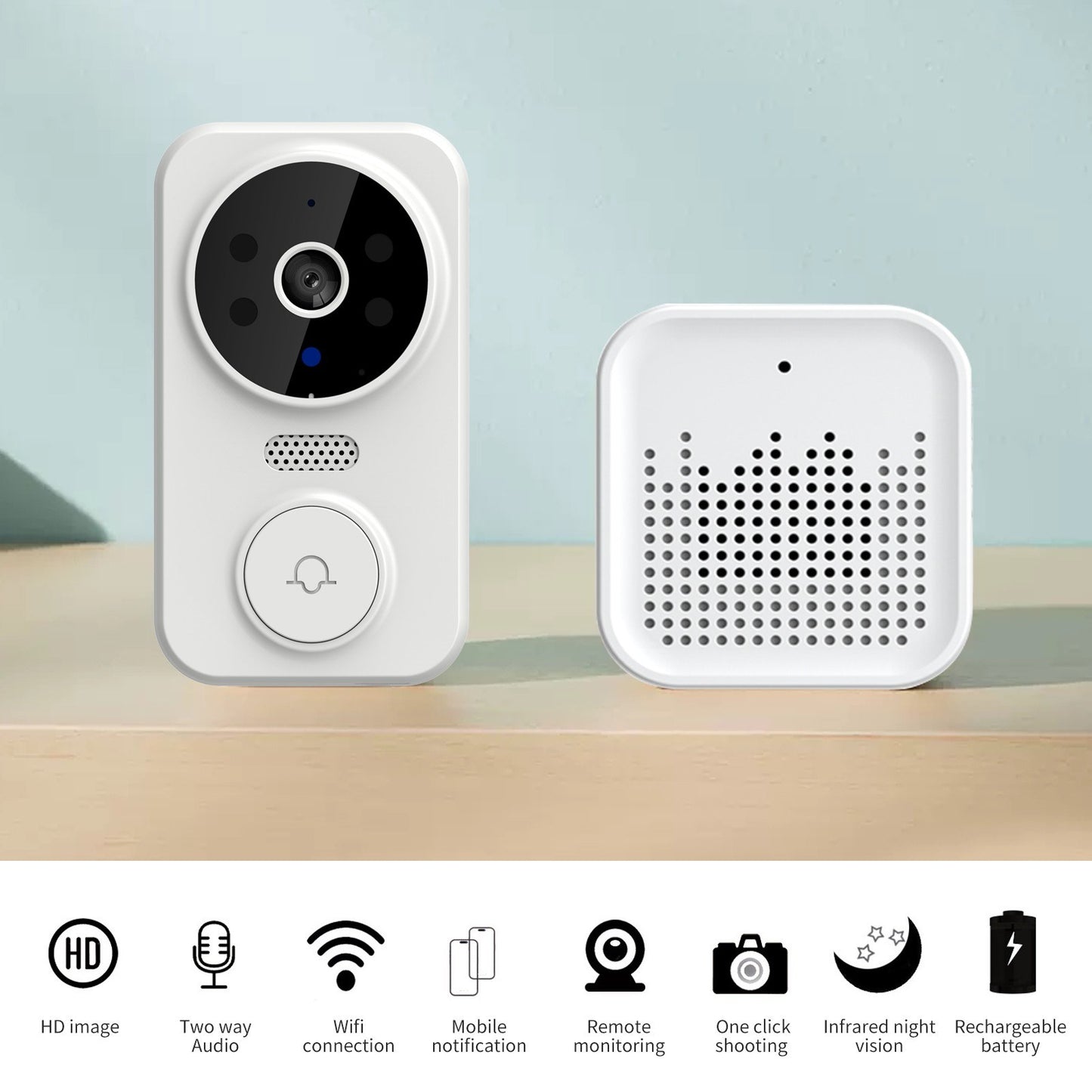 Wireless Smart Video Doorbell with HD Camera, PIR Motion Detection, IR Alarm, Wi-Fi Intercom for Home Security