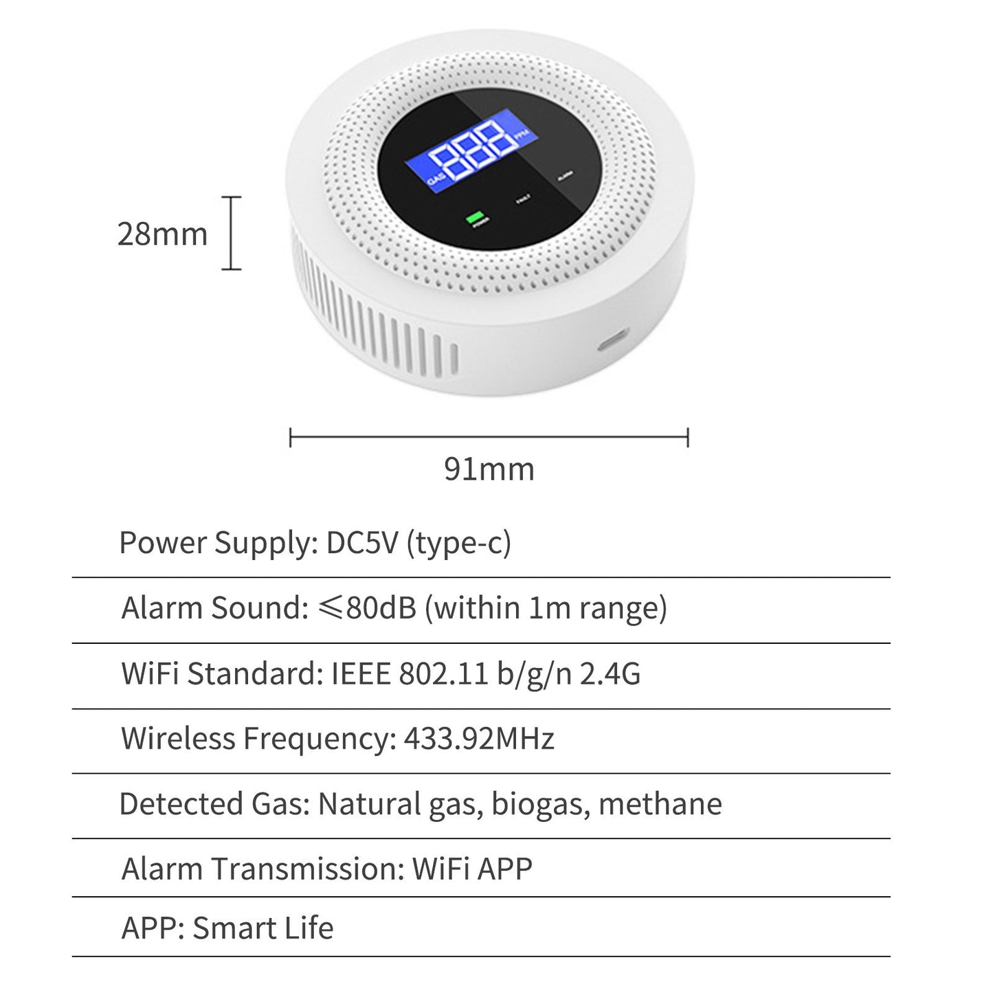 WiFi Smart Gas Leak Detector - Household Gas Alarm Sensor