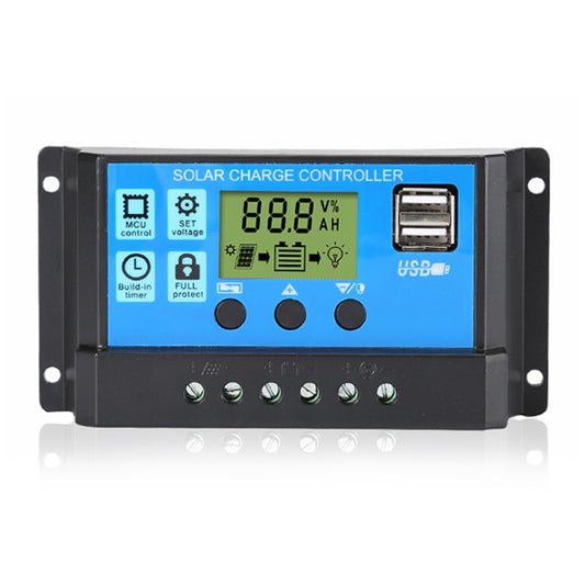30A Solar Charge Controller 12V/24V PWM Adjustable LCD, Dual USB, Optical Delay Mode