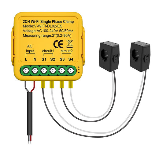 2.4GHz Tuya WiFi Smart Energy Monitor - Single Phase Home Consumption Meter with 2 Clamps